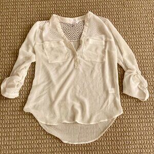 Candies Womens Button-Up Eyelet Blouse Roll Tab Sleeve Pockets Size M White